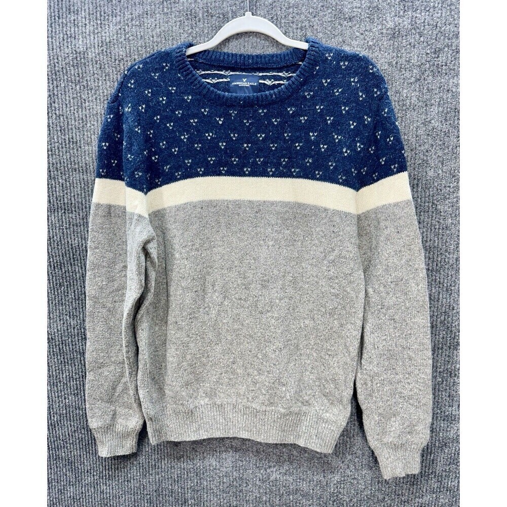 American Eagle Sweater Mens Large Gray Blue Wool Cotton Silk Blend Fisherman Ski